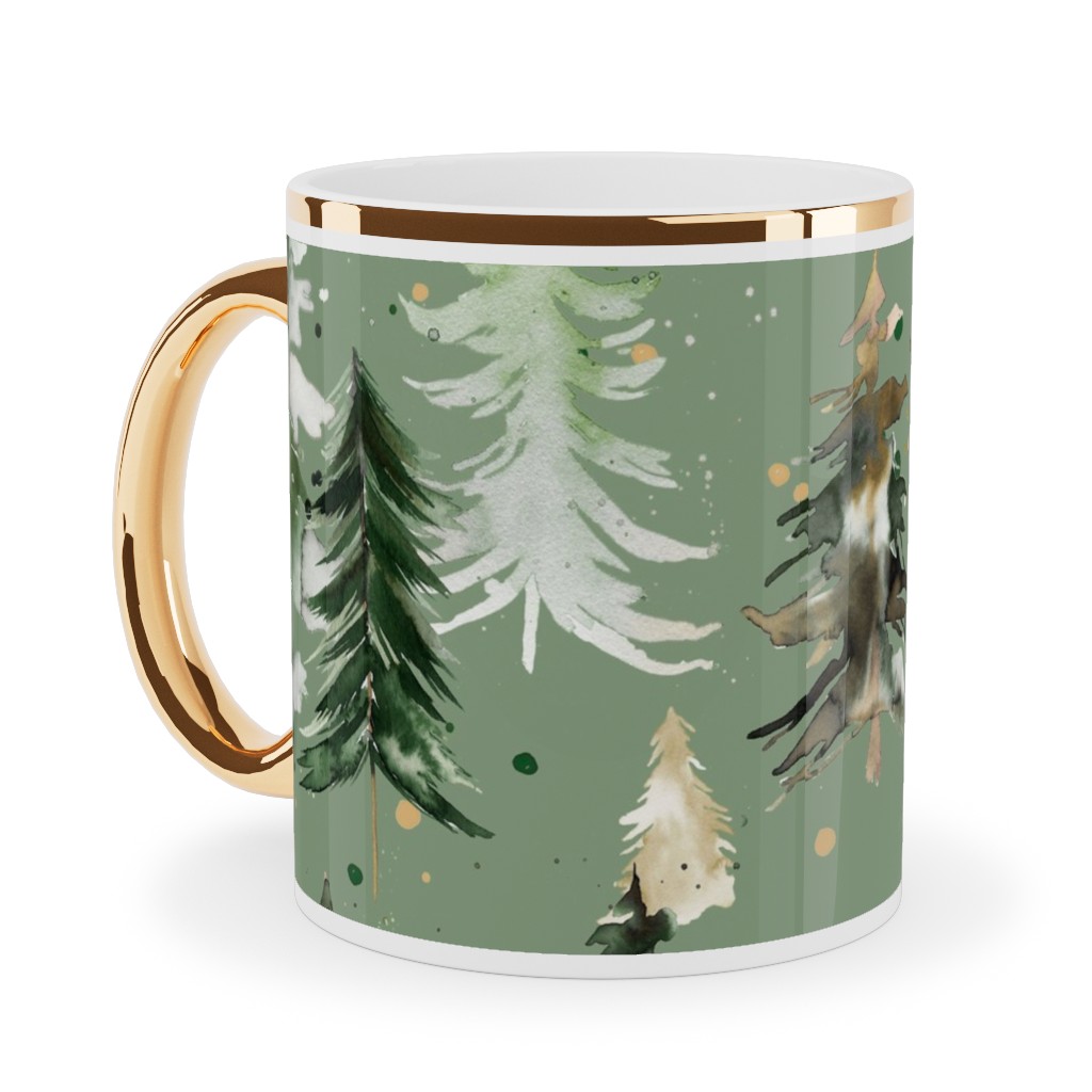 Watercolor Pines and Spruces Christmas - Green Ceramic Mug, Gold Handle, , 11oz, Green, Classic Green