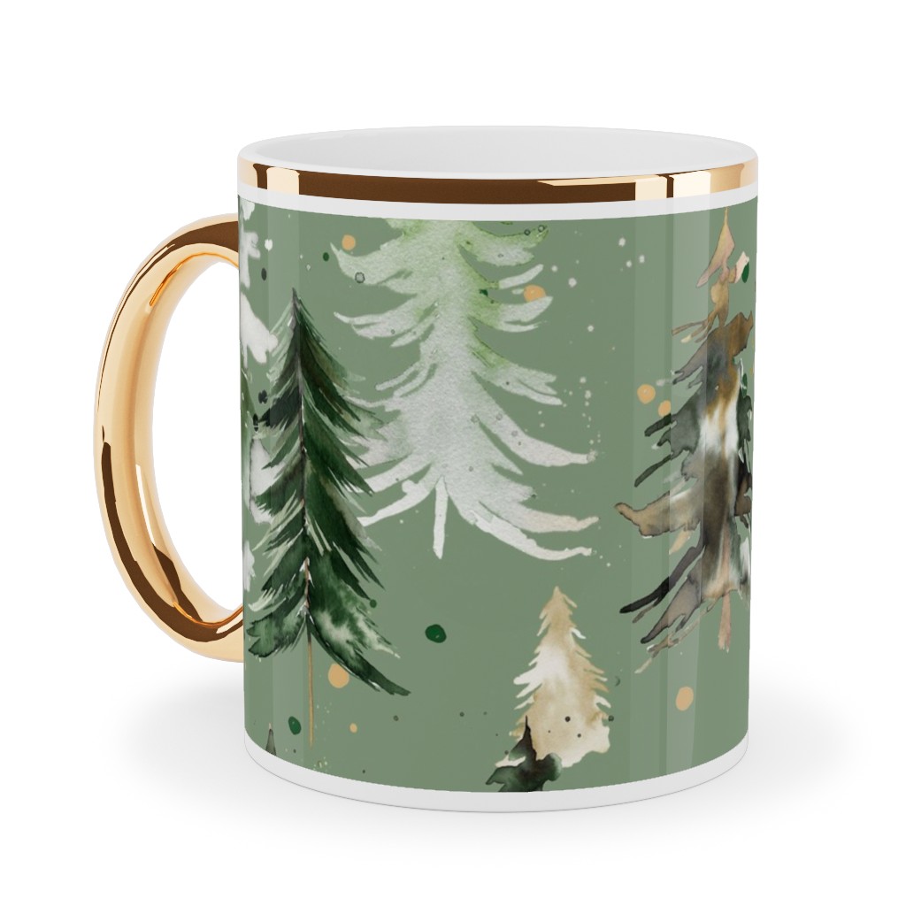 Watercolor Pines and Spruces Christmas - Green Ceramic Mug, Gold Handle,  , 11oz, Green