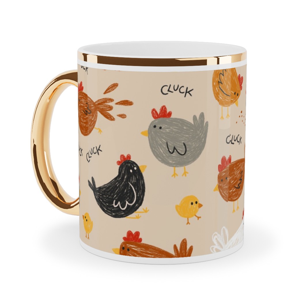Hens - Brown Ceramic Mug, Gold Handle, , 11oz, Beige, Pearl