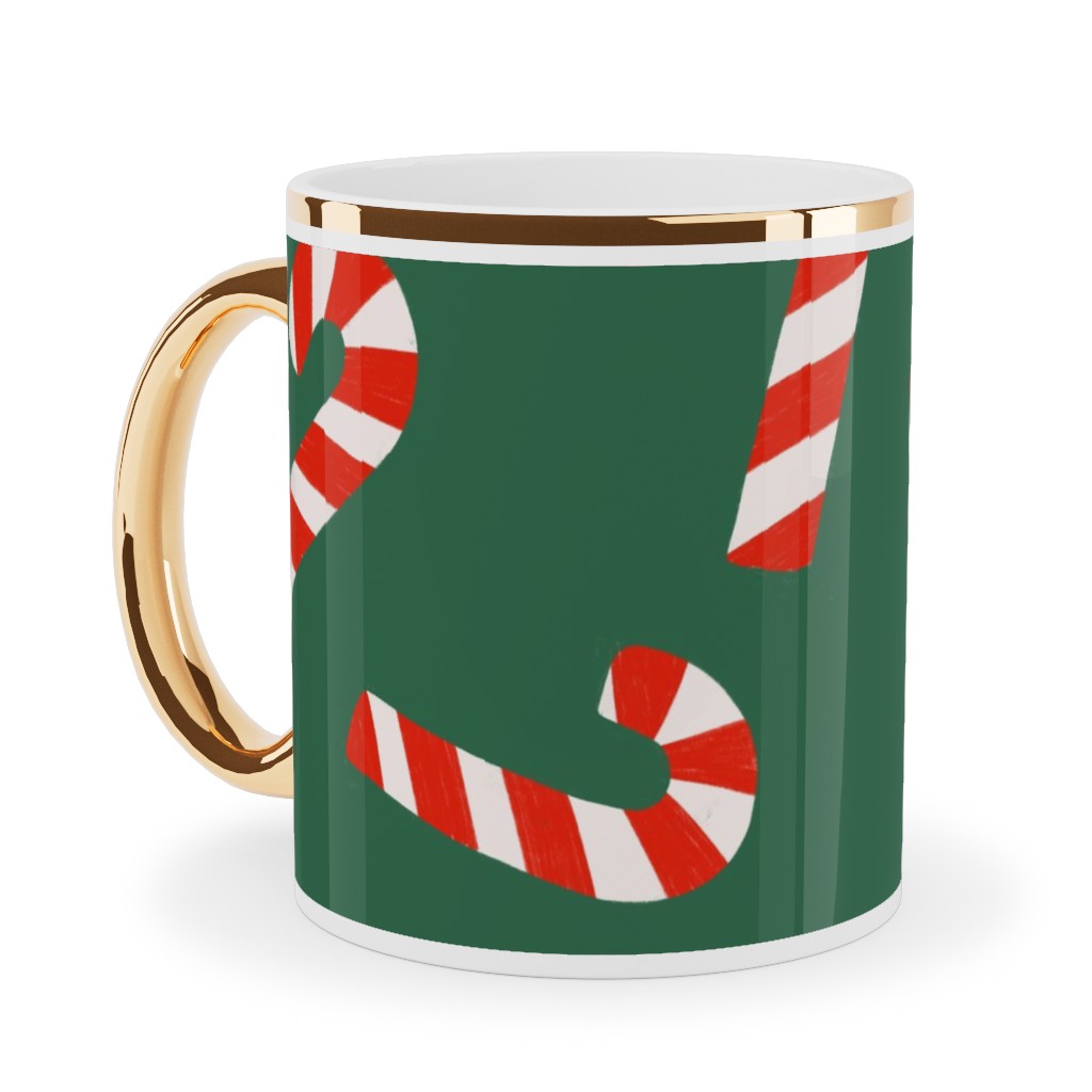 Candy Cane Pattern Ceramic Mug, Gold Handle, , 11oz, Green, Classic Green