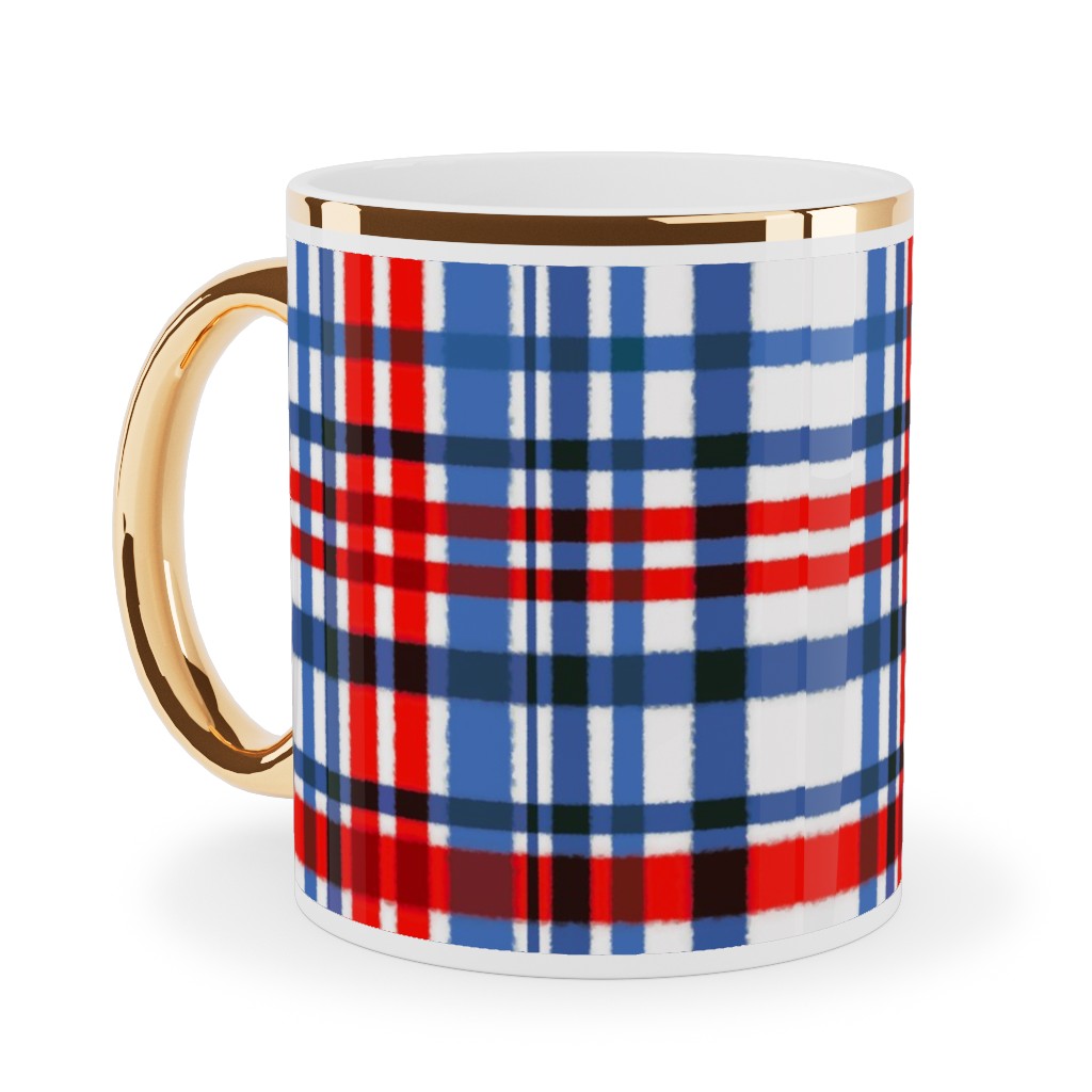 Intricate Plaid Ceramic Mug, Gold Handle,  , 11oz, Blue