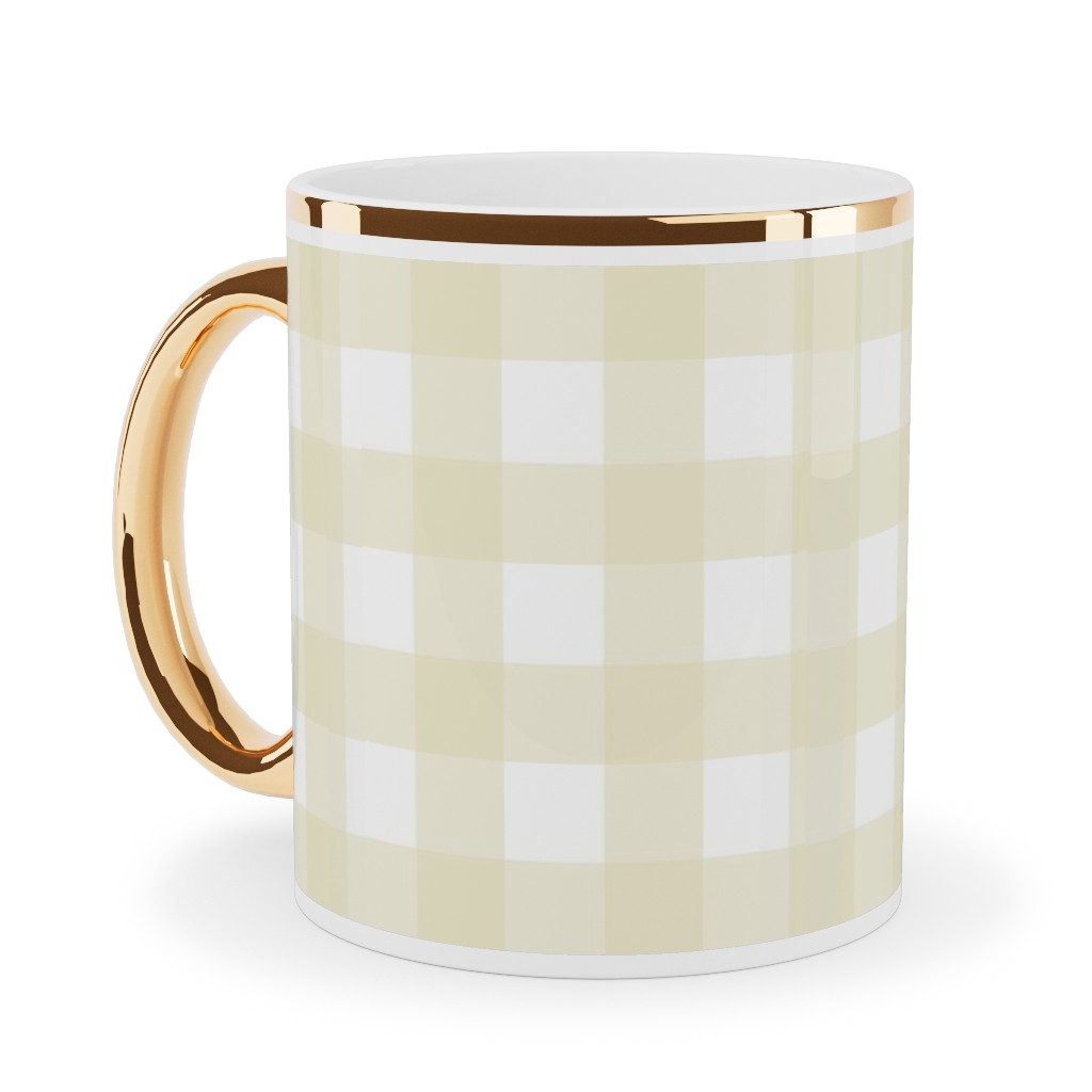 Gingham Check Ceramic Mug, Gold Handle, , 11oz, Yellow, Cream
