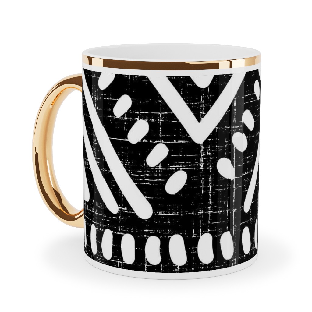 Abstract Diamond Ceramic Mug, Gold Handle, , 11oz, Blue, Charcoal