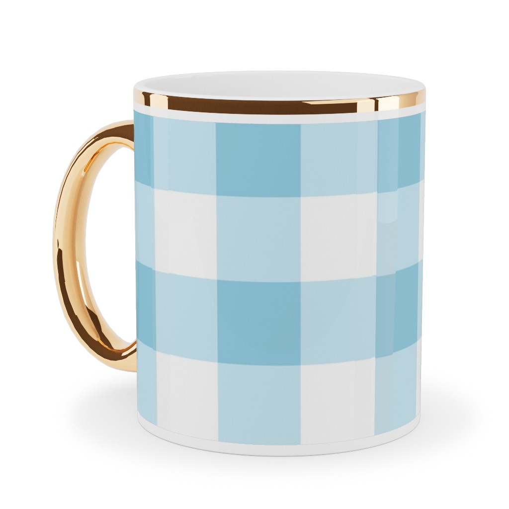 Gingham Checks Ceramic Mug, Gold Handle, , 11oz, Blue, Rain