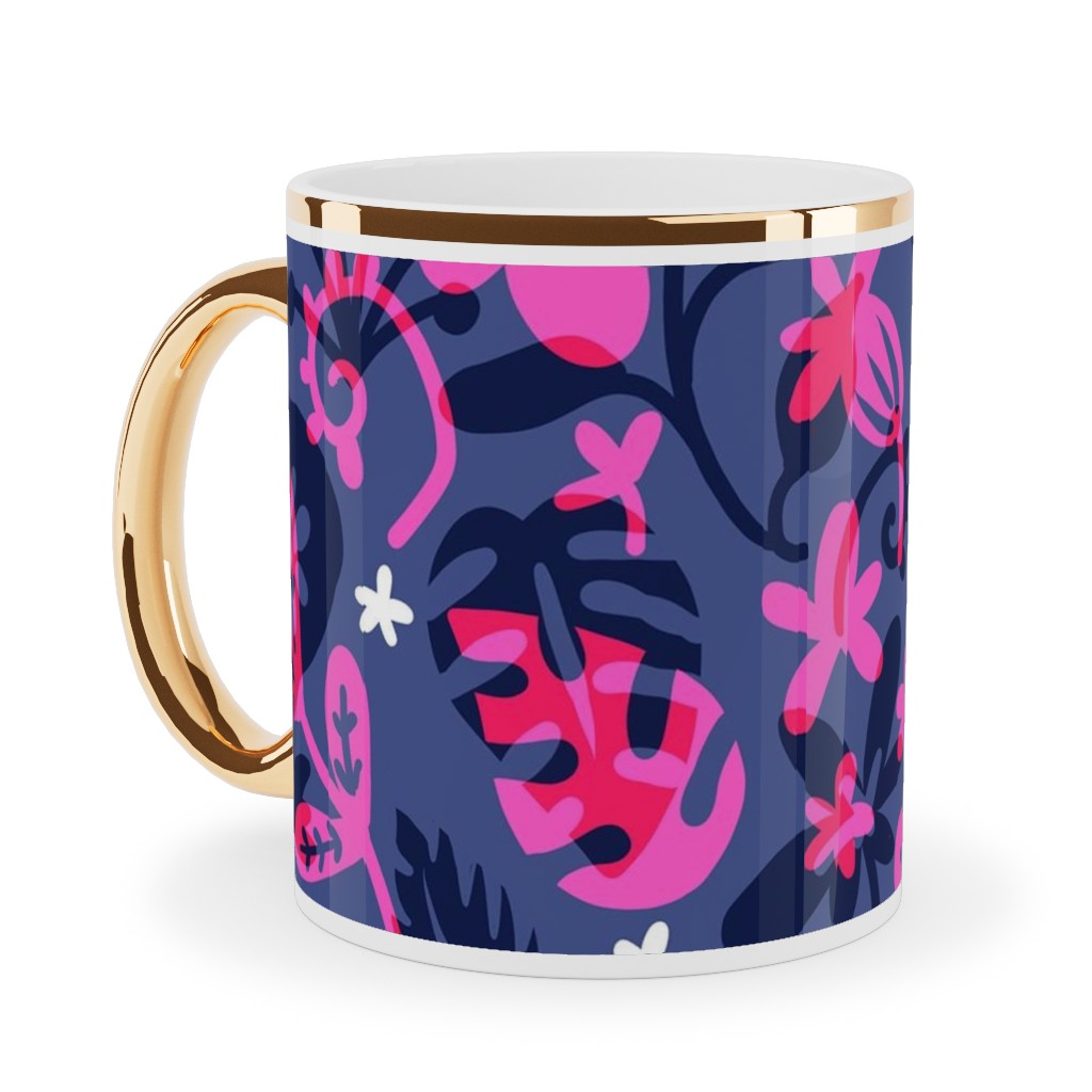 Tropical Floral - Fuchsia Ceramic Mug, Gold Handle,  , 11oz, Pink