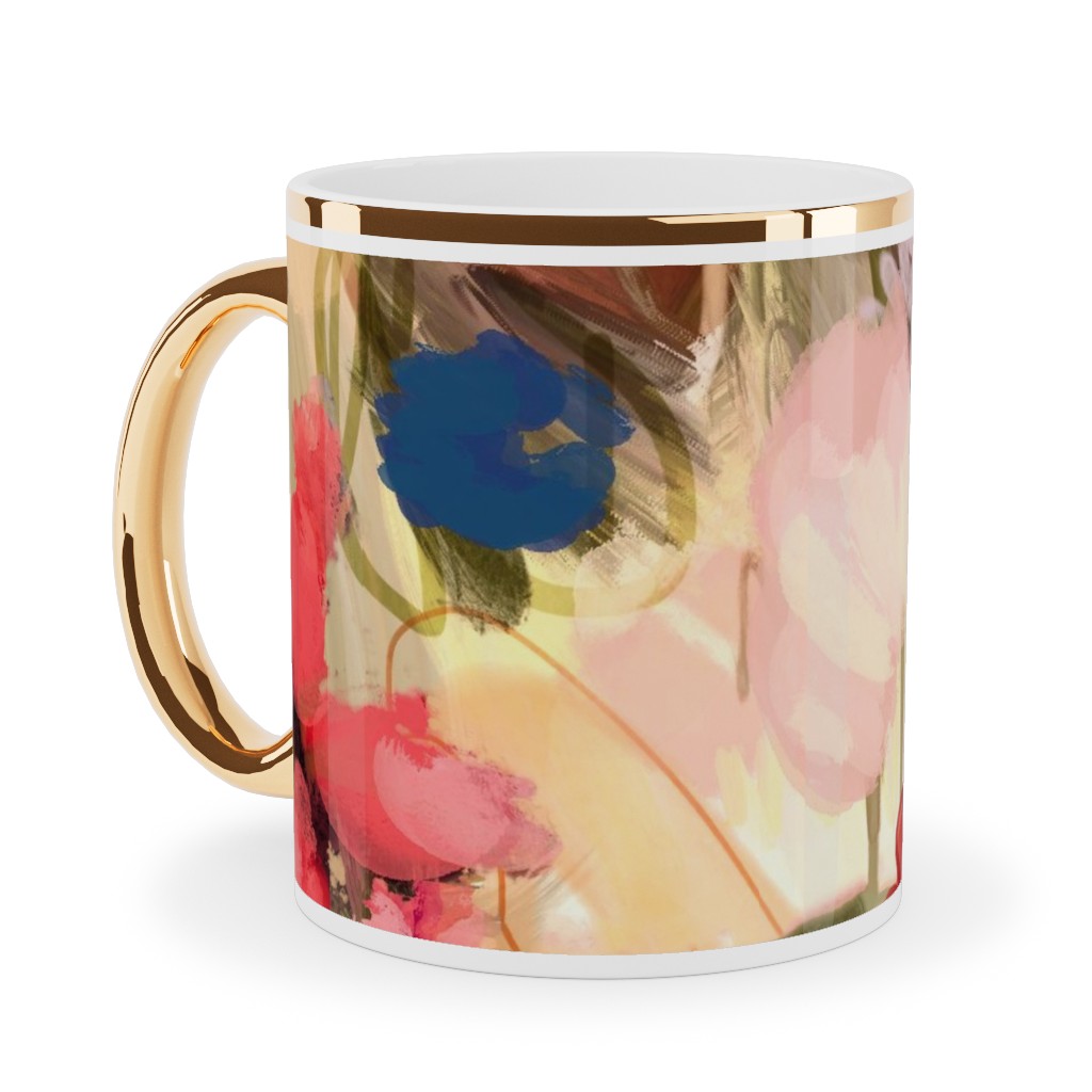 Painterly Abstract Floral Ceramic Mug, Gold Handle,  , 11oz, Pink
