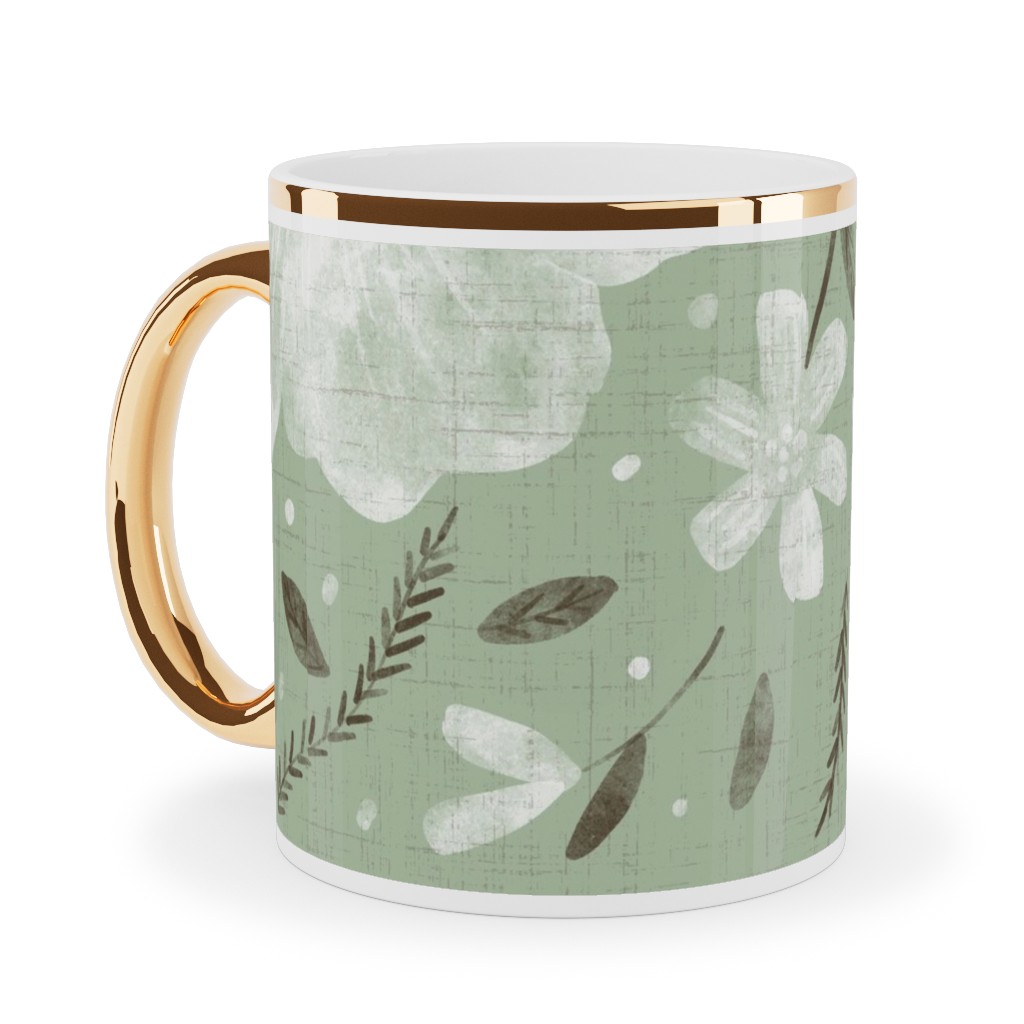 Charlotte Floral - Sage Ceramic Mug, Gold Handle, , 11oz, Green, Classic Green