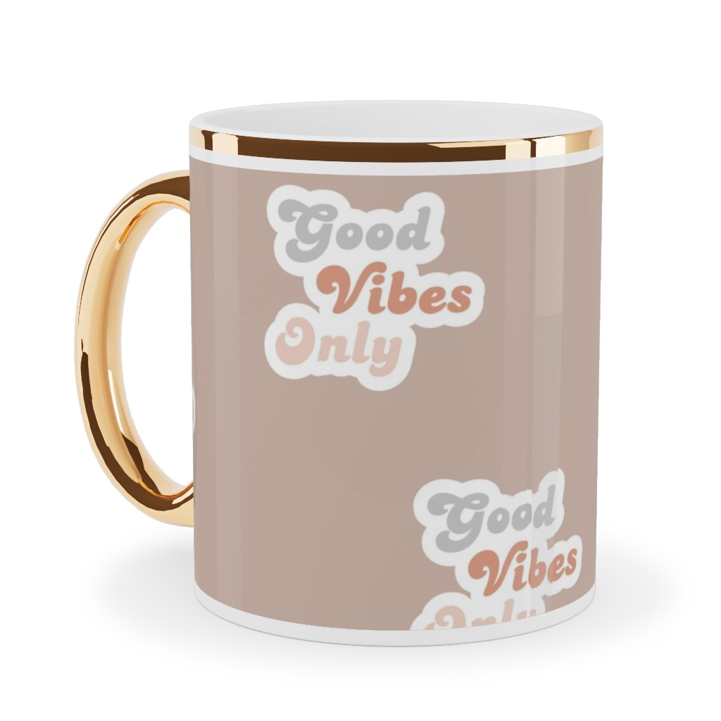 Seventies Retro Good Vibes Only Ceramic Mug, Gold Handle, , 11oz, Pink, Alpaca