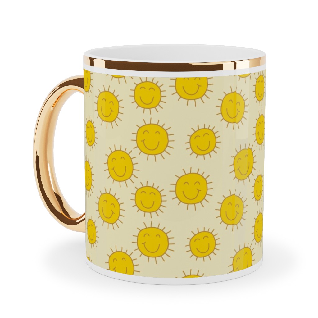 Happy Sunshine - Yellow Ceramic Mug, Gold Handle,  , 11oz, Yellow