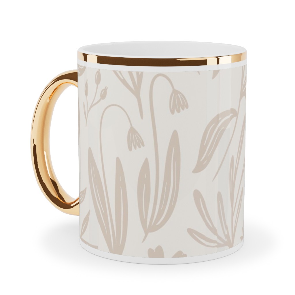 Wildflowers - Tan and Cream Ceramic Mug, Gold Handle,  , 11oz, Beige