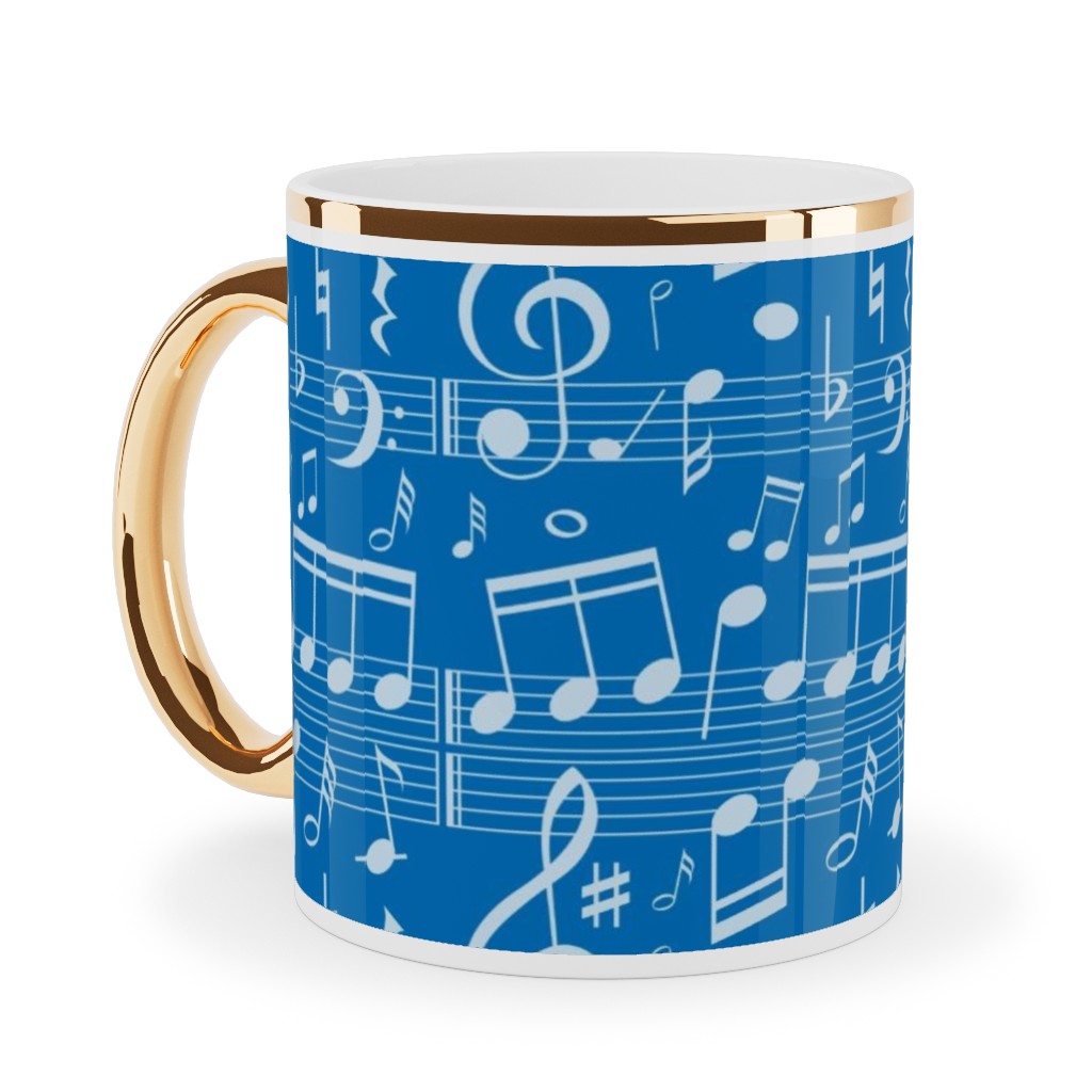 Music Notes - Blue Ceramic Mug, Gold Handle, , 11oz, Blue, True Blue