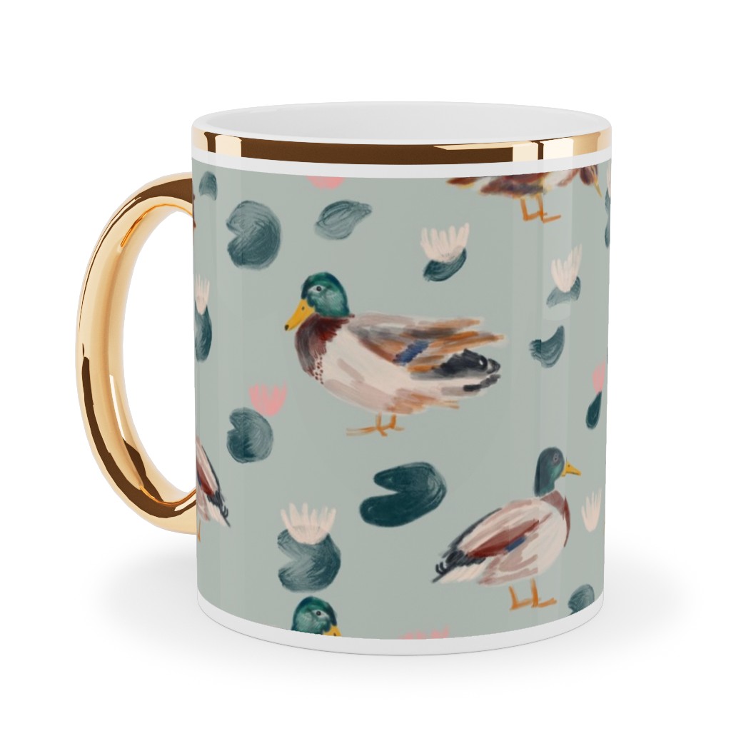 Mallard Ducks Ceramic Mug, Gold Handle,  , 11oz, Green