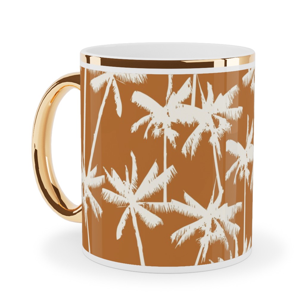 Tropical Palms - Burnt Orange Ceramic Mug, Gold Handle, , 11oz, Orange, Orange