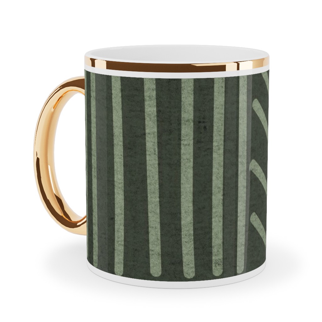 Mudcloth Weaving Line - Green Ceramic Mug, Gold Handle, , 11oz, Green, Classic Green