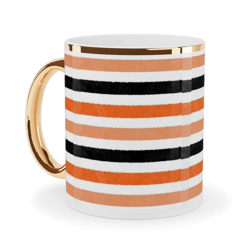Halloween Stripes - Orange and Black Ceramic Mug, Gold Handle, , 11oz, Orange, Orange