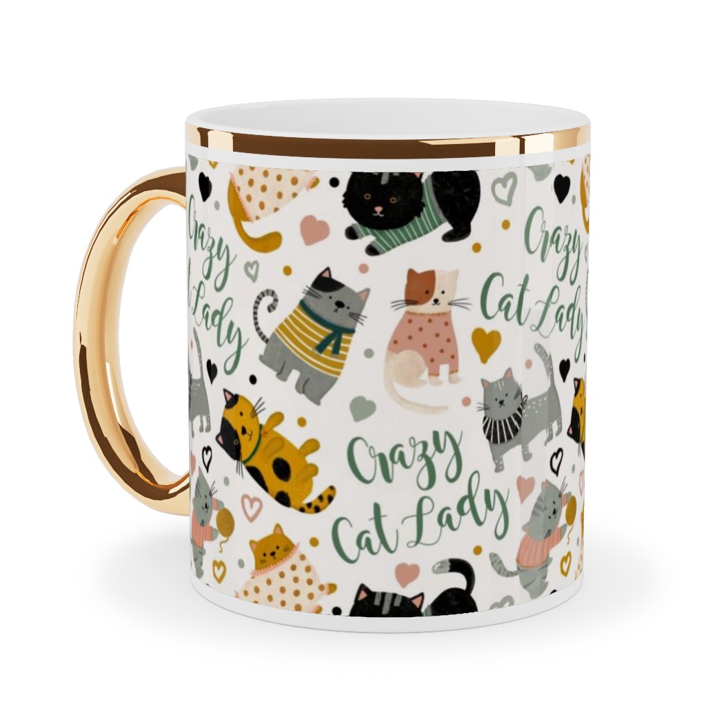 Crazy Cat Lady - Multicolor on Light Ceramic Mug, Gold Handle, , 11oz, Multicolor