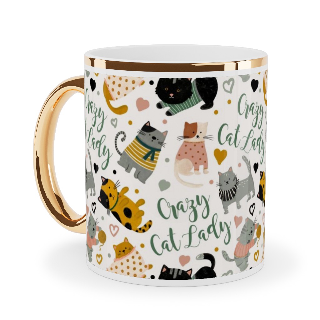 Crazy Cat Lady - Multicolor on Light Ceramic Mug, Gold Handle,  , 11oz, Multicolor