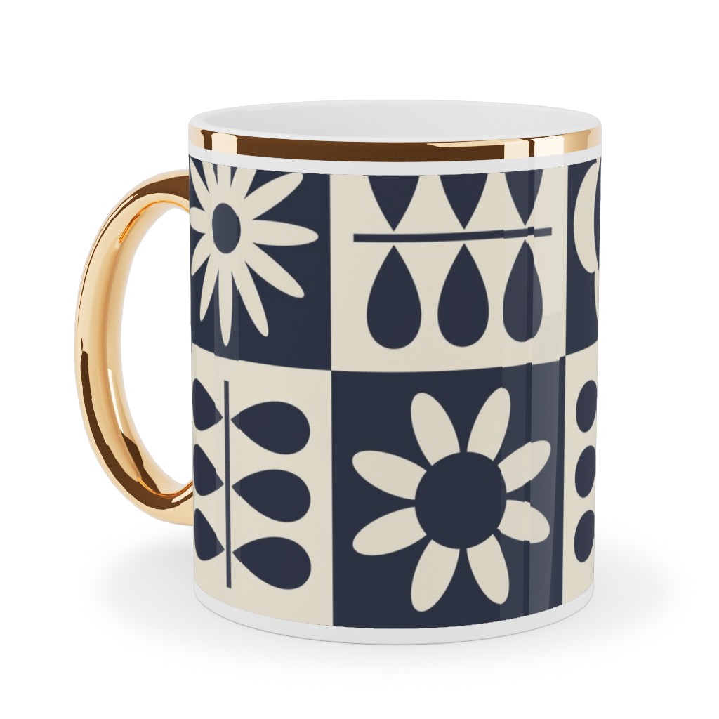 Scandinavian Checker Blooms - Off White and Navy Ceramic Mug, Gold Handle, , 11oz, Black, Black
