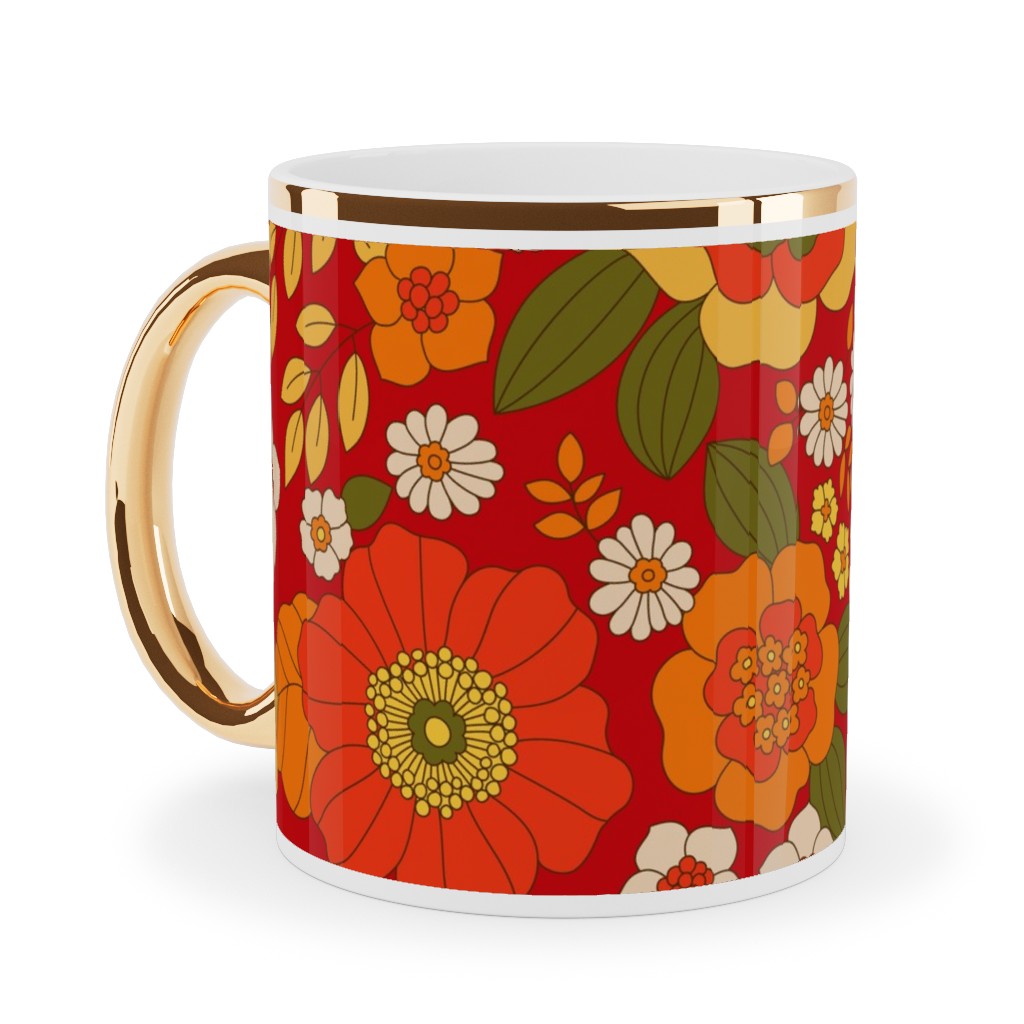 Vintage Flora - Red Ceramic Mug, Gold Handle,  , 11oz, Orange