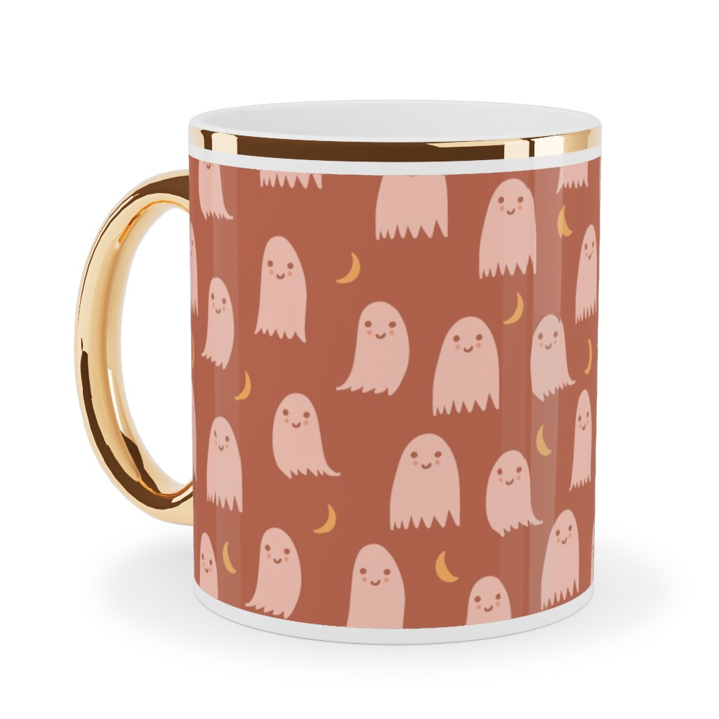 Cute Halloween Ghosts Ceramic Mug, Gold Handle, , 11oz, Pink, Sedona