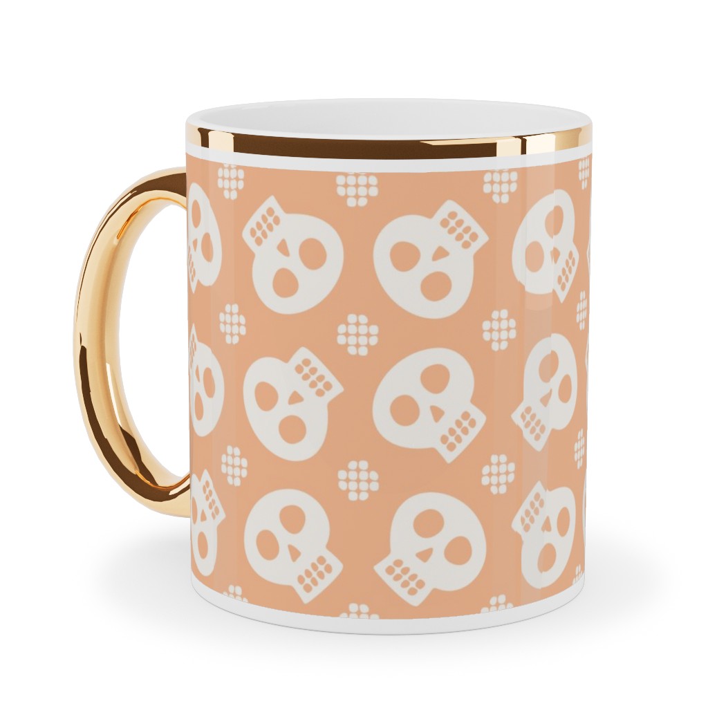 Halloween Skulls Ceramic Mug, Gold Handle, , 11oz, Orange, Beige