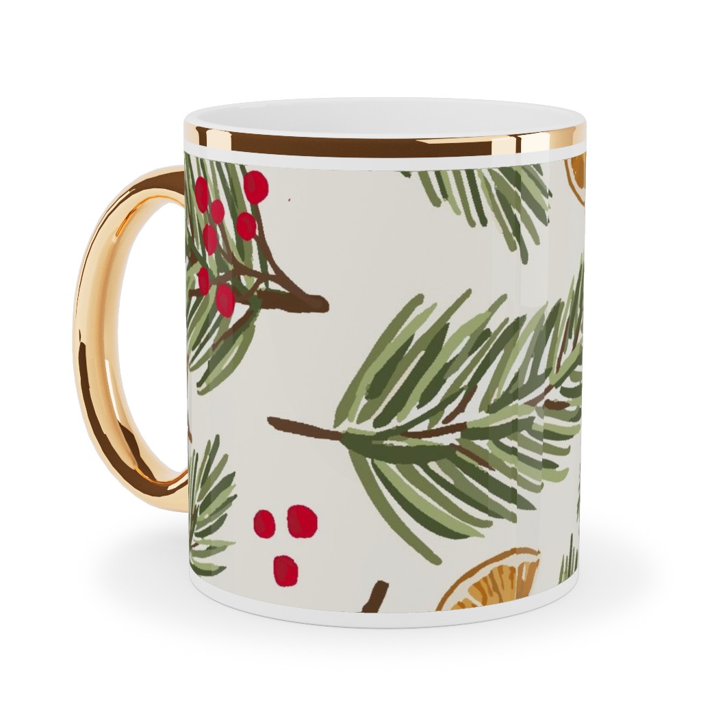 Festive Christmas Pine Sprigs and Orange Slices Ceramic Mug, Gold Handle,  , 11oz, Multicolor