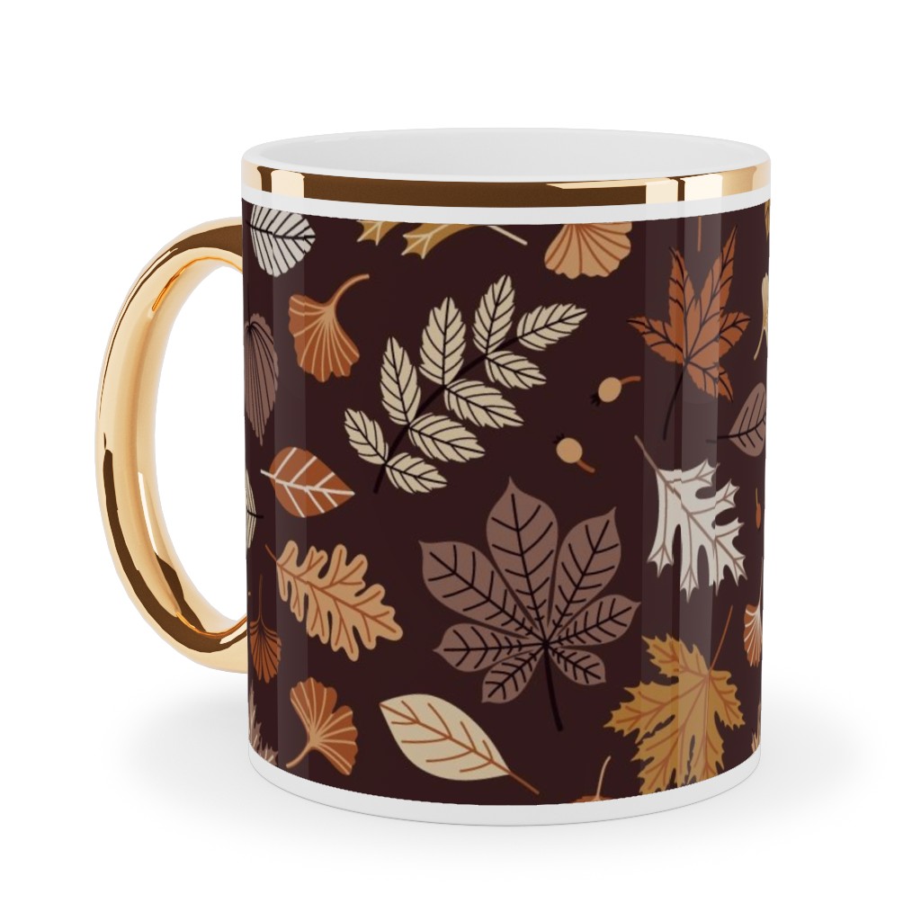 Falling Leaves - Brown Ceramic Mug, Gold Handle, , 11oz, Brown, Brown