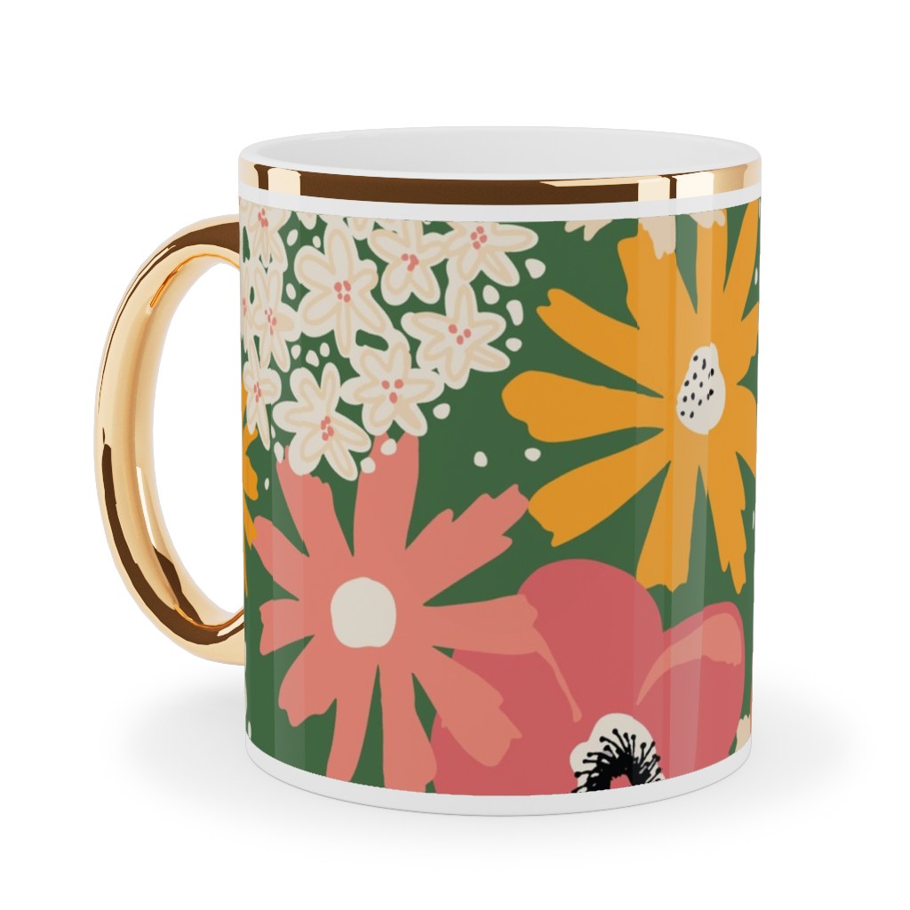 Summer Florals - Green Pink White and Orange Ceramic Mug, Gold Handle,  , 11oz, Multicolor
