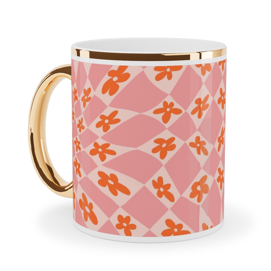 Trippy Checker - Floral - Pink and Orange Ceramic Mug, Gold Handle, , 11oz, Pink, Bright Pink
