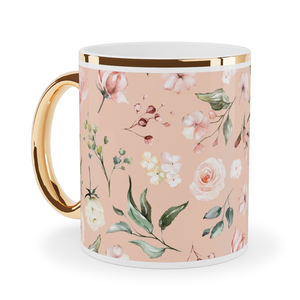 Celestial Rose Floral - Blush Ceramic Mug, Gold Handle,  , 11oz, Pink