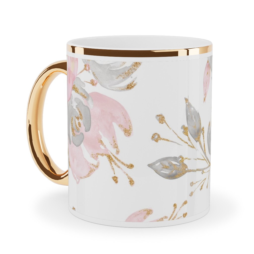 Floral - Blush Ceramic Mug, Gold Handle,  , 11oz, Pink