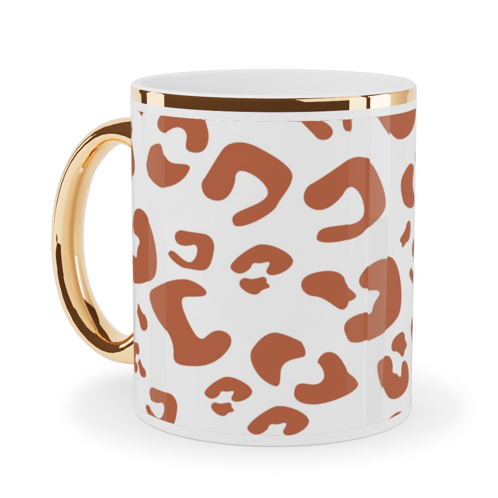 Leopard Print - Terracotta Ceramic Mug, Gold Handle, , 11oz, Brown, Brown