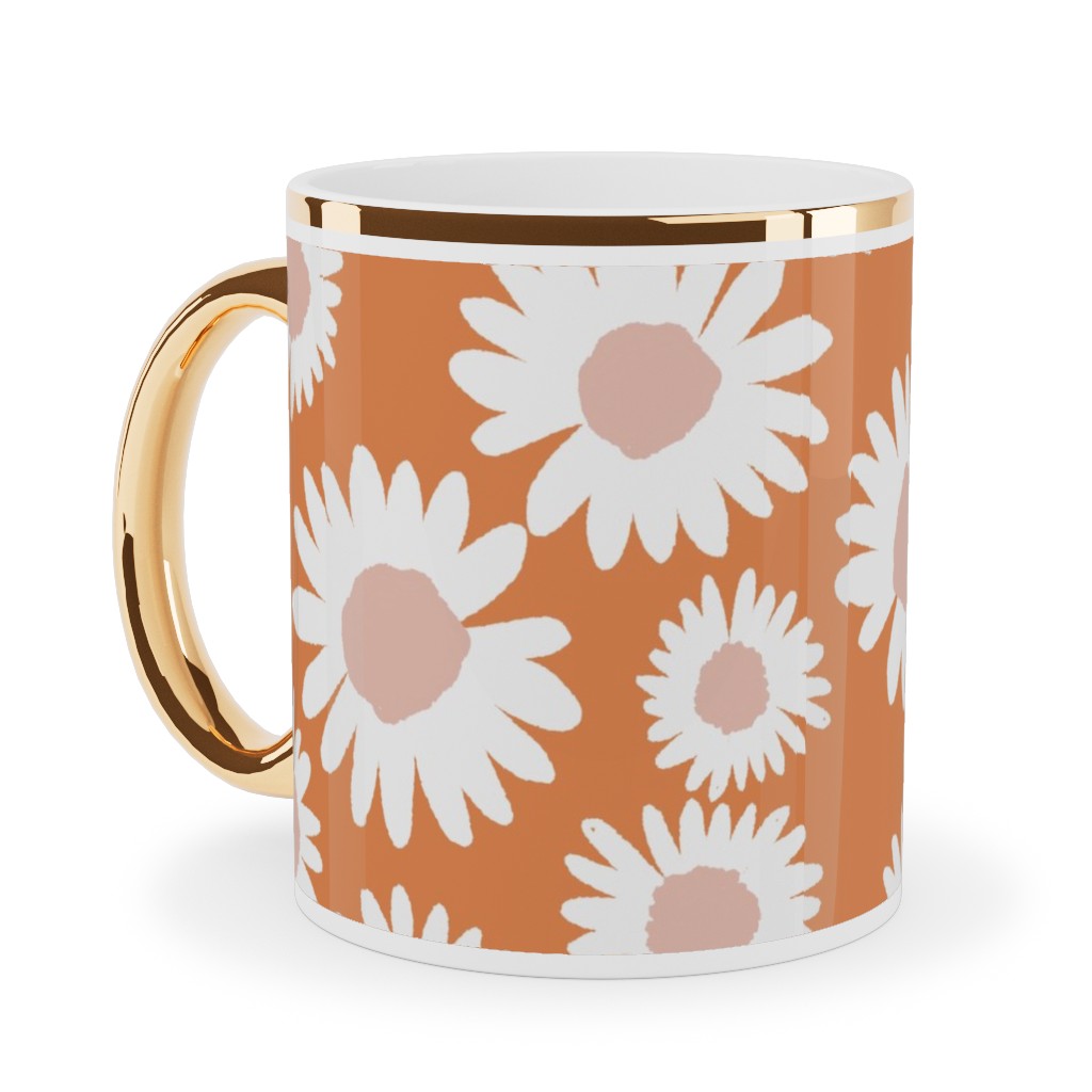 Boho Daisies - Flowers - Muted Orange and Blush Ceramic Mug, Gold Handle,  , 11oz, Orange