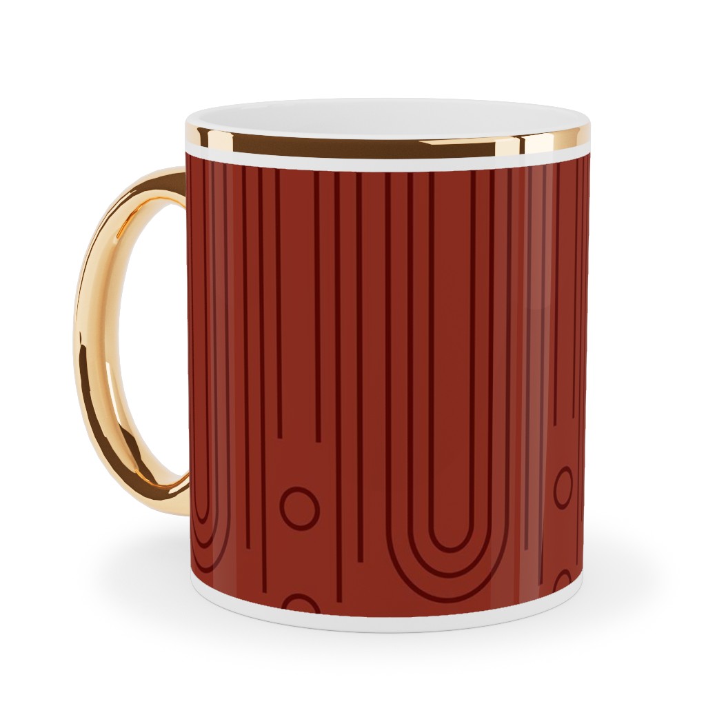 Art Deco Arches - Cranberry Ceramic Mug, Gold Handle, , 11oz, Red, Red