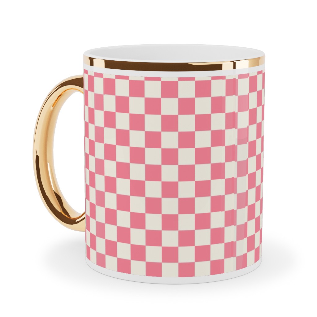 Checkered - Pink Ceramic Mug, Gold Handle,  , 11oz, Pink