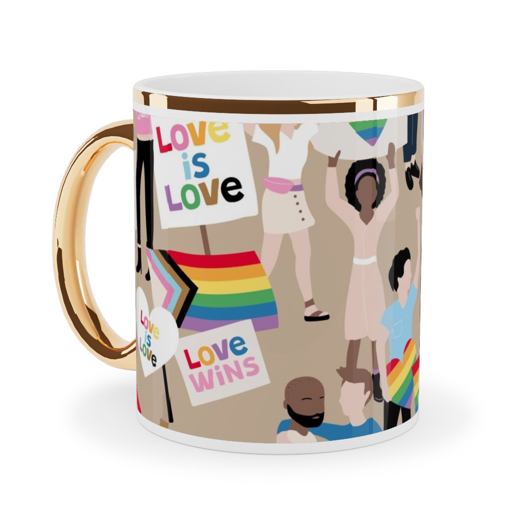Pride Lgbtq Rainbow Flag Ceramic Mug, Gold Handle, , 11oz, Multicolor, Nude