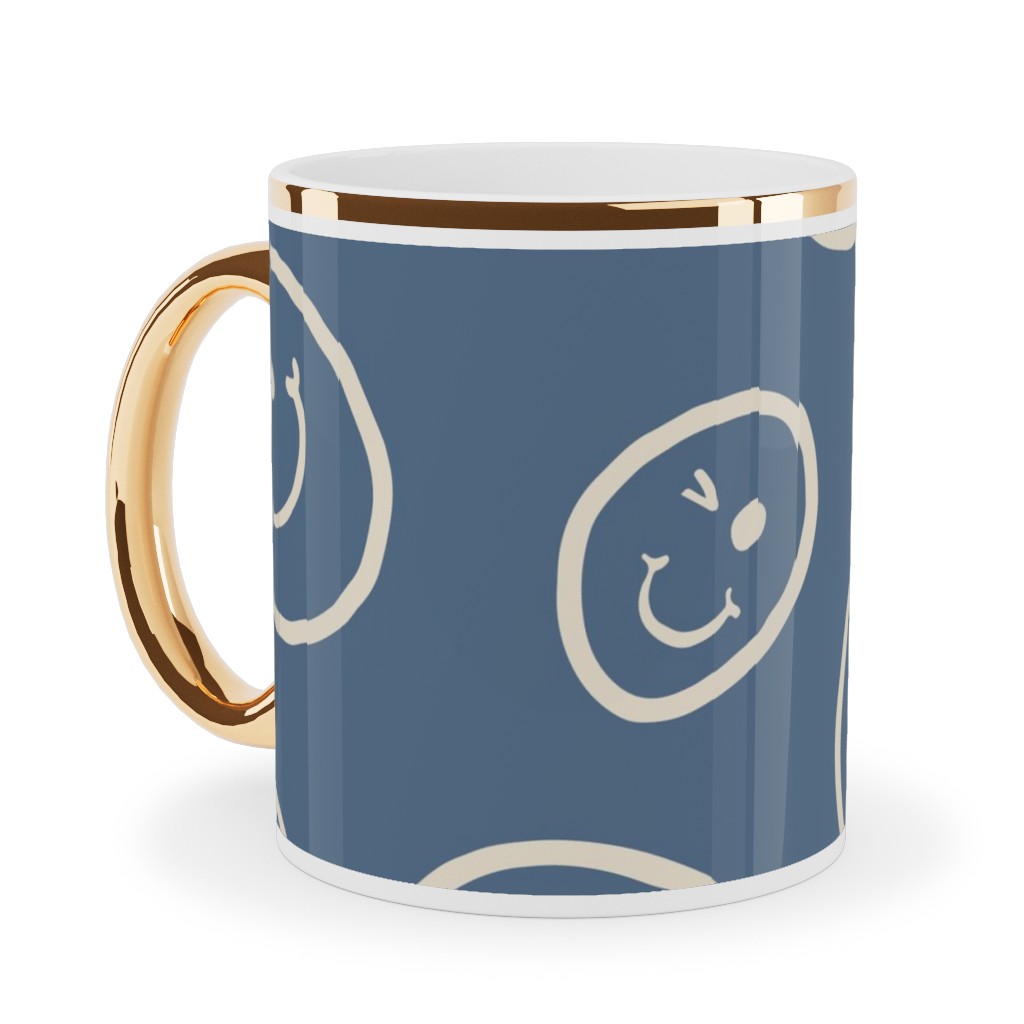 Smiley Winking Faces Ceramic Mug, Gold Handle,  , 11oz, Blue