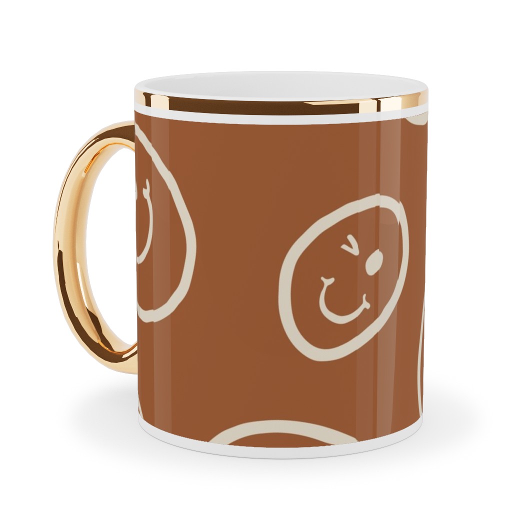 Smiley Winking Faces Ceramic Mug, Gold Handle, , 11oz, Brown, Burnt Sienna