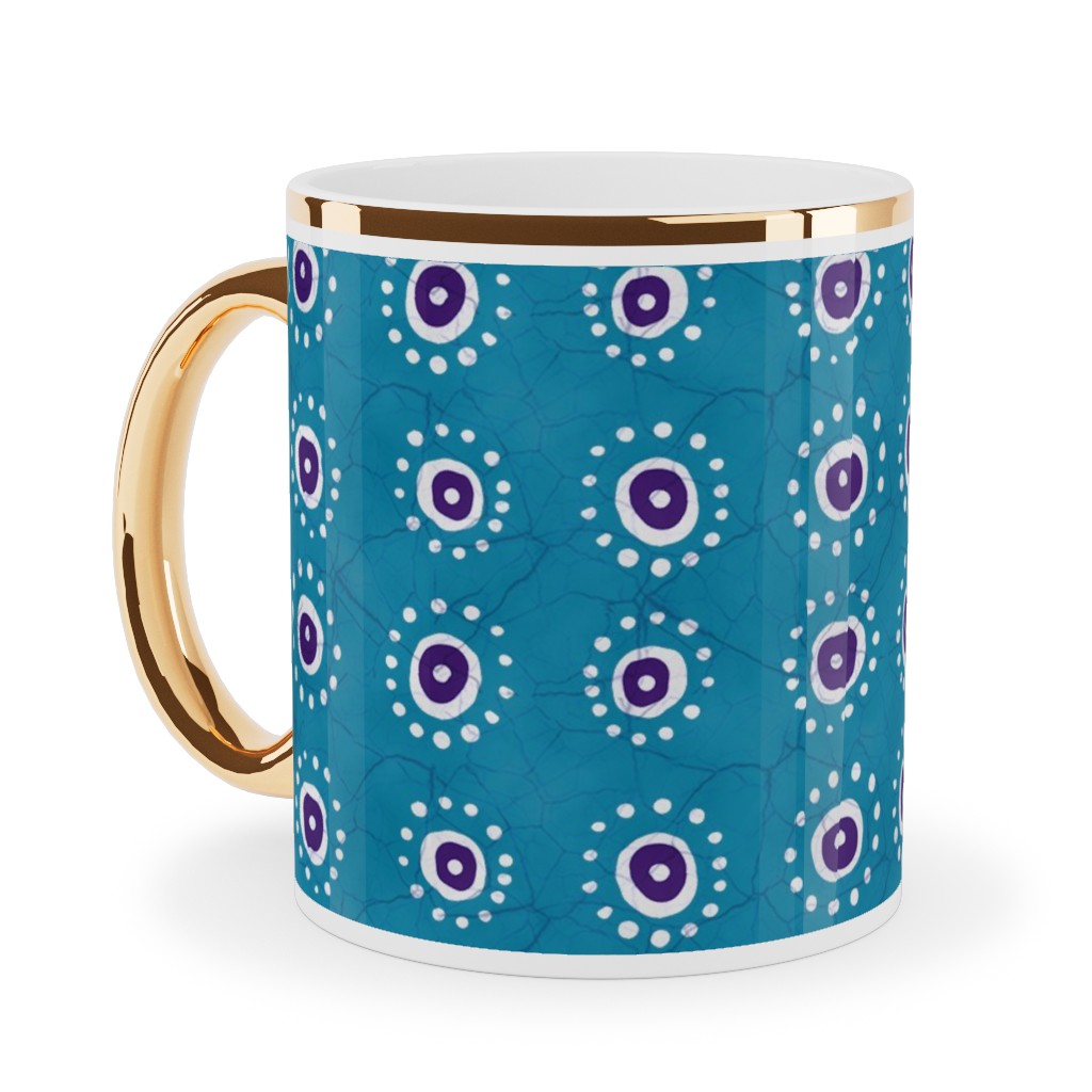 Batik Suns Ceramic Mug, Gold Handle, , 11oz, Blue, Tidal Wave