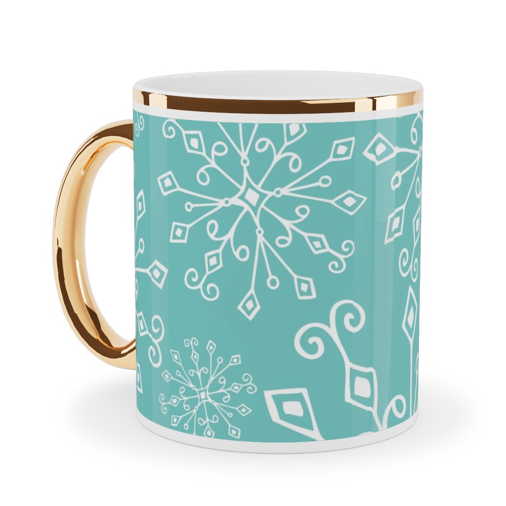 Frost Snowflakes Ceramic Mug, Gold Handle, , 11oz, Blue, Catalina