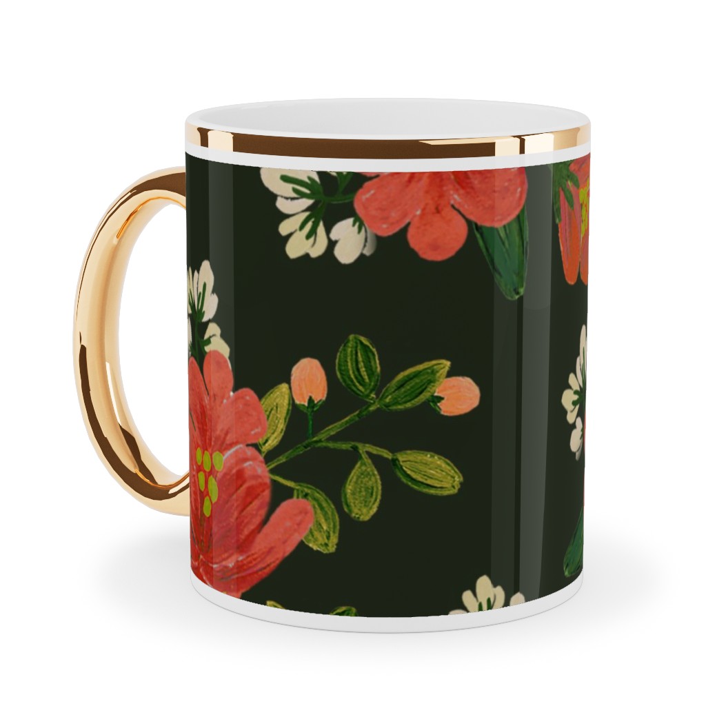Holiday Floral Ceramic Mug, Gold Handle,  , 11oz, Green