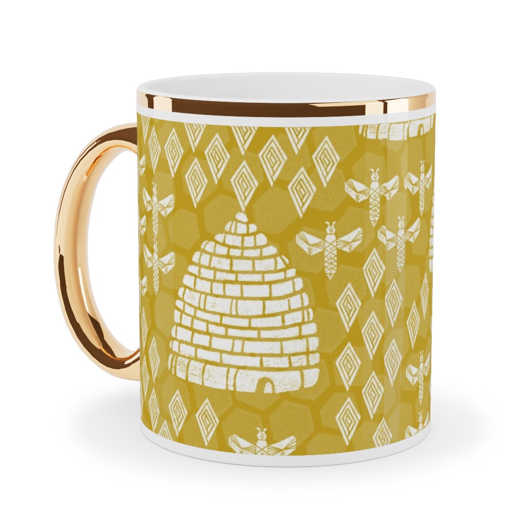 Bee Hives, Spring Florals Linocut Block Printed - Golden Yellow Ceramic Mug, Gold Handle,  , 11oz, Yellow