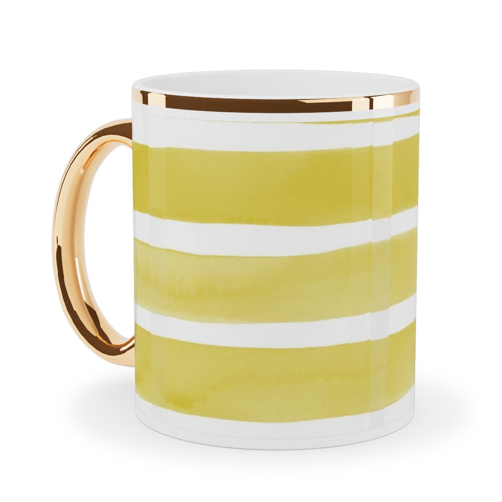 Imperfect Watercolor Stripes Ceramic Mug, Gold Handle, , 11oz, Yellow, Green Apple
