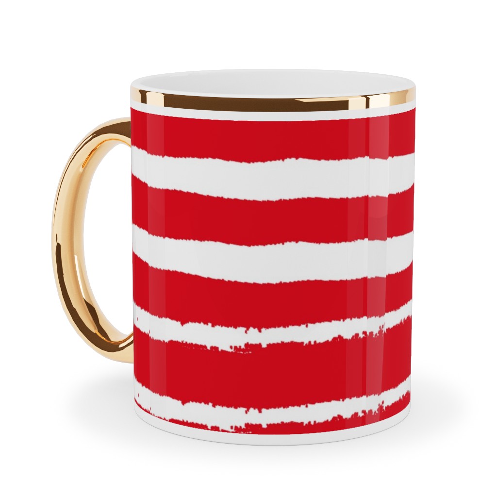 Painted Stripes - Red Ceramic Mug, Gold Handle,  , 11oz, Red