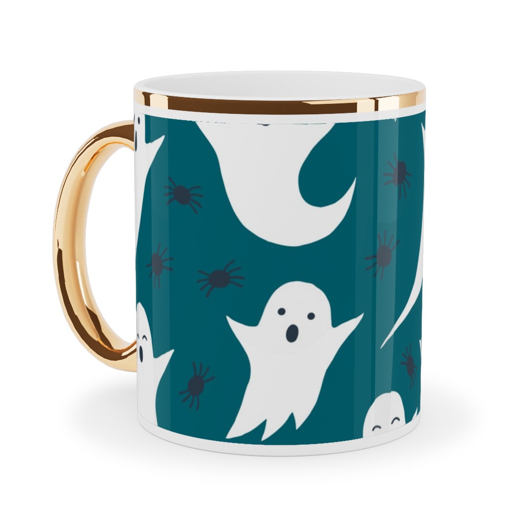 Halloween Ghosts - Dark Teal Ceramic Mug, Gold Handle, , 11oz, Green, Classic Green
