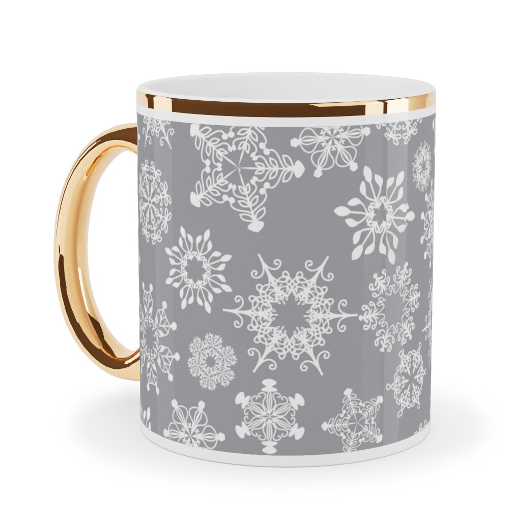 Snowflake Silver Ceramic Mug, Gold Handle,  , 11oz, Gray