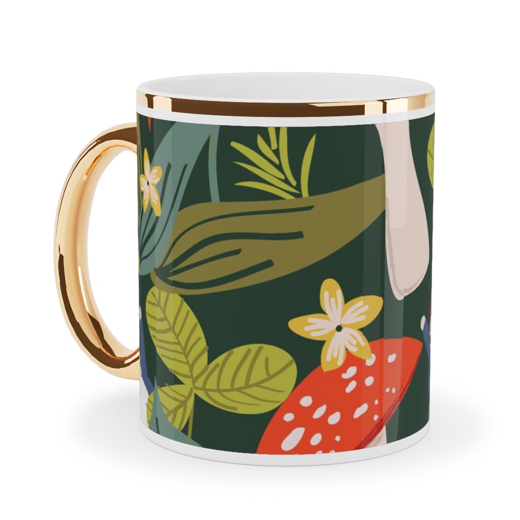 Woodland Gnomes & Mushrooms - Green Ceramic Mug, Gold Handle, , 11oz, Green, Classic Green