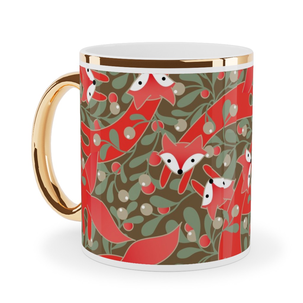 Red Fox Mistletoe Ceramic Mug, Gold Handle,  , 11oz, Red