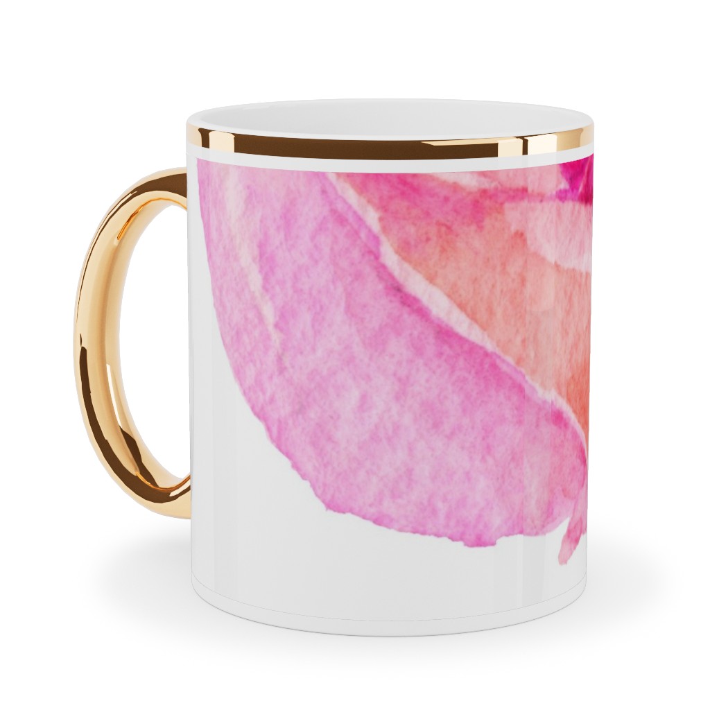 Spring Peonies, Roses, and Poppies - Pink Ceramic Mug, Gold Handle, , 11oz, Pink, Bright Pink