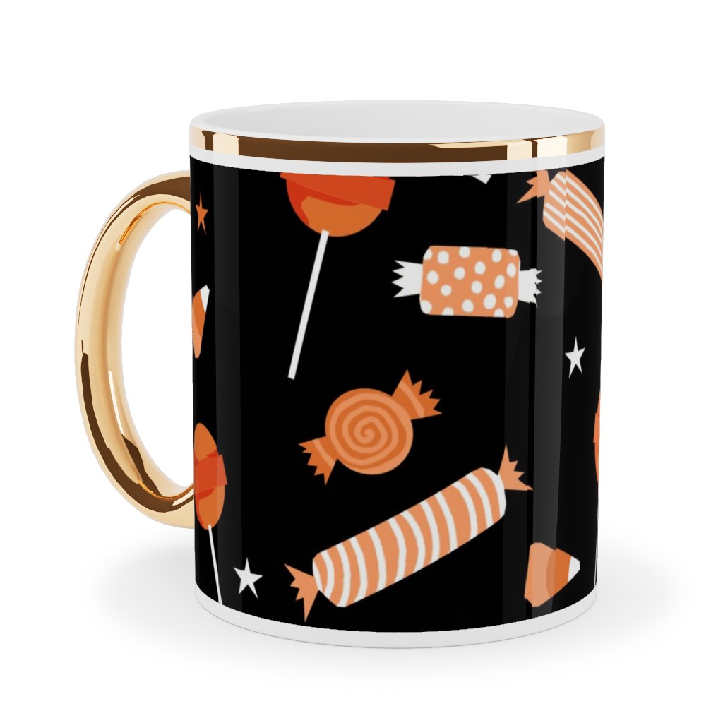 Halloween Candy - Orange and Black Ceramic Mug, Gold Handle, , 11oz, Black, Black